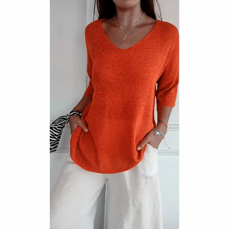 Blusa Com Decote em V de Cor Sólida