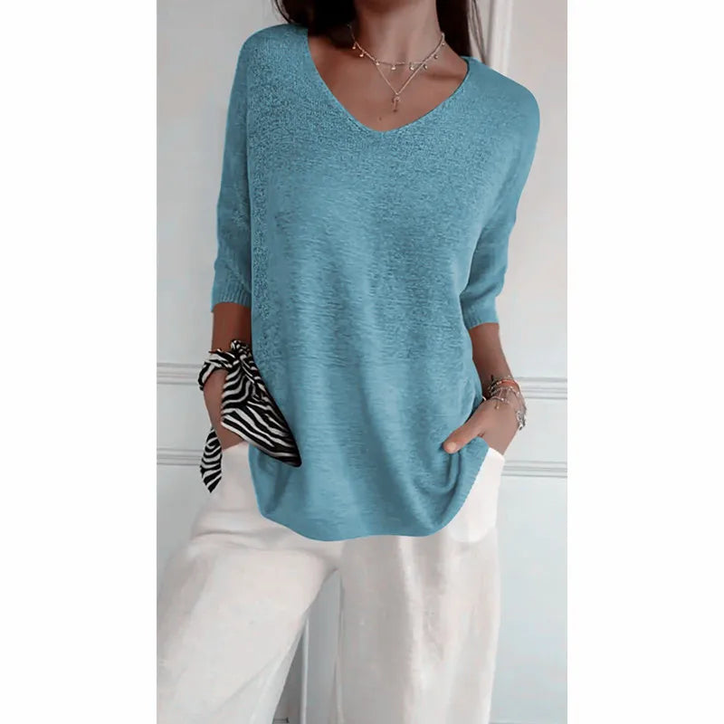 Blusa Com Decote em V de Cor Sólida